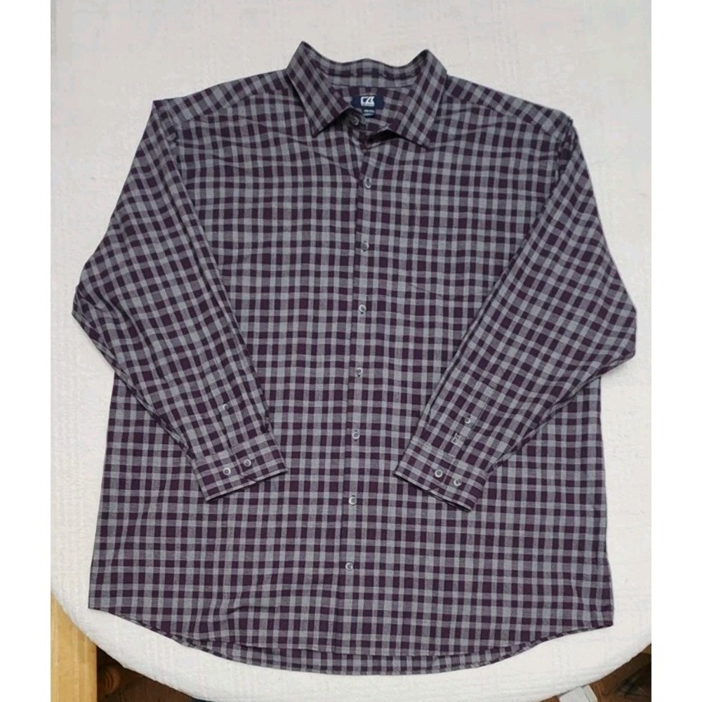 Cutter & Buck Button Down Shirt 3XB Big Purple Plaid 100% Cotton Long Sleeve